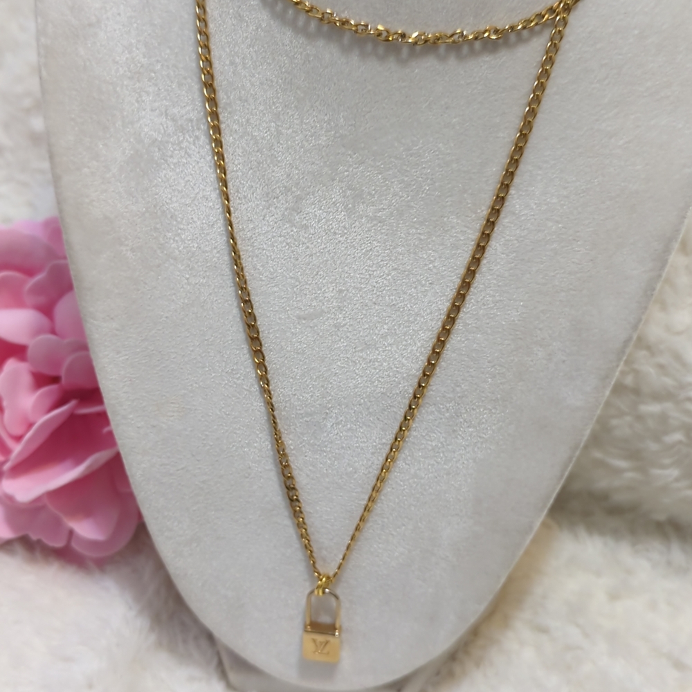 Louis Vuitton Gold Padlock Necklace Upcycled Authentic Brass/ Stainless Steel - Picture 4 of 5